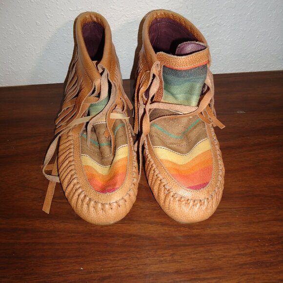 Gorgeous Sz 6 L & B Fringed Moccasins Slip On leather Aztec Boots Shoes - Picture 11 of 13
